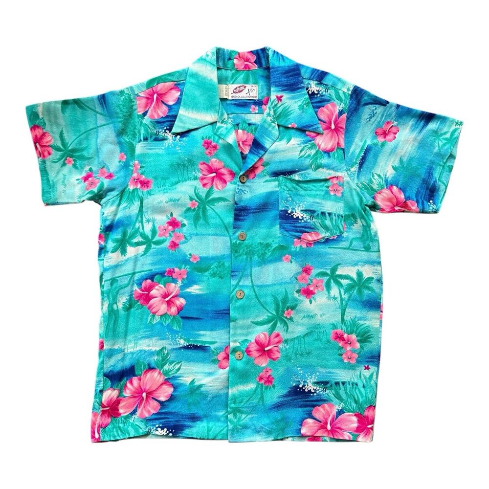 Vtg 60’s/70’s Pomare Hawaiian Bright Patterned Acrylic Bark Cloth Aloha Shirt M